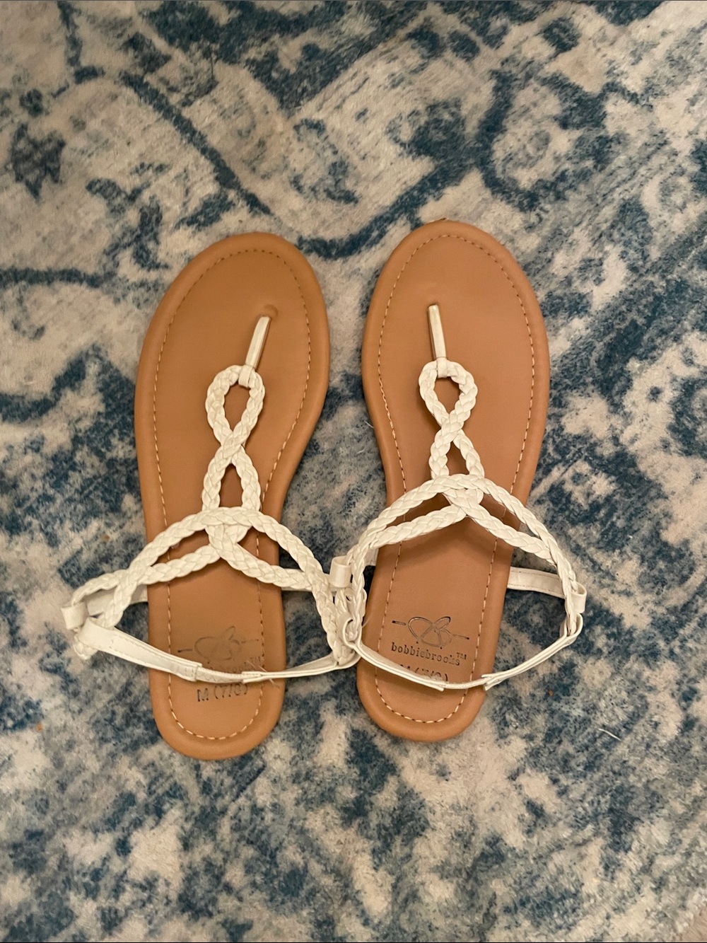 Bobbie Brooks White Braided T-Strap Sandals with Tan Footbed